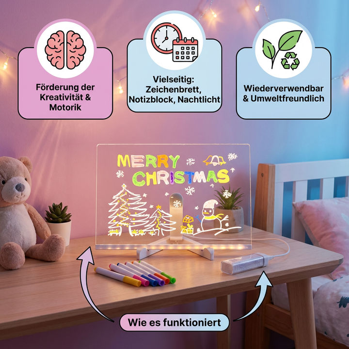 Kind malt lachend auf interaktivem LED Zeichenbrett. Kreatives Lernspielzeug fördert Fantasie & Malfertigkeit.