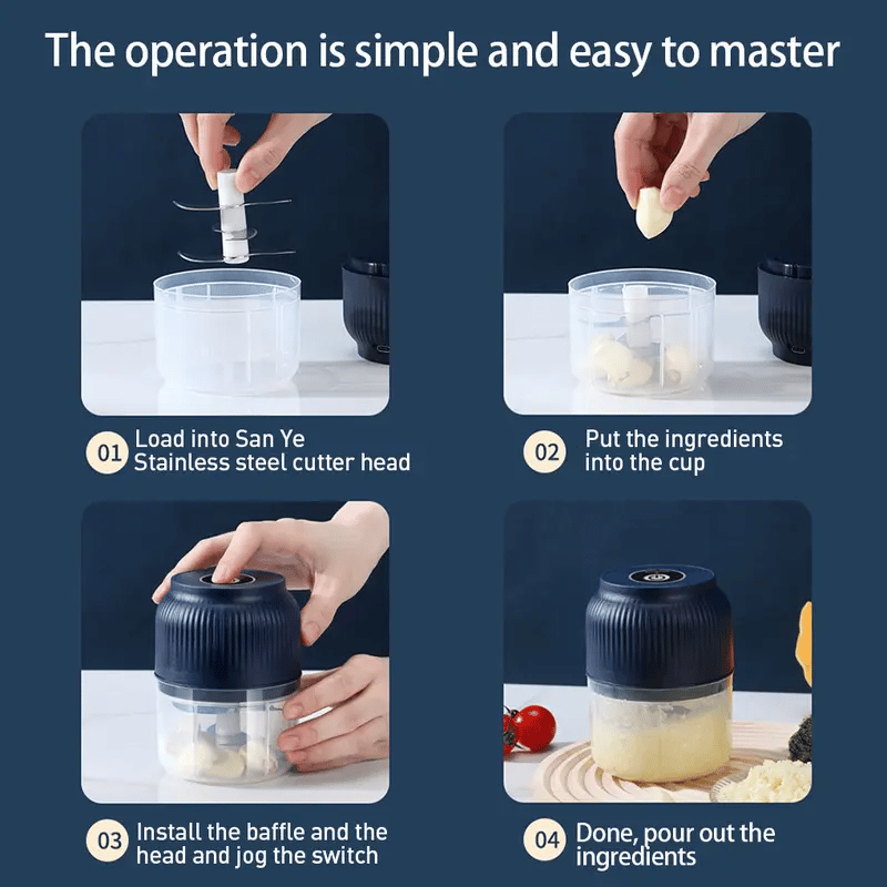 Moderner elektrischer 300ml Mini-Zerkleinerer, ideal für die schnelle Vorbereitung von Gemüse, Knoblauch und Kräutern. Kompakt.