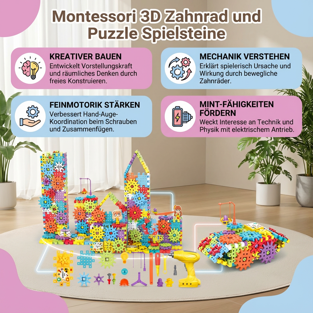 Montessori Puzzle Set mit Zahnrädern, 3D Lernspielzeug für Kinder. Trainiert Logik & Feinmotorik mit Bausteinen.