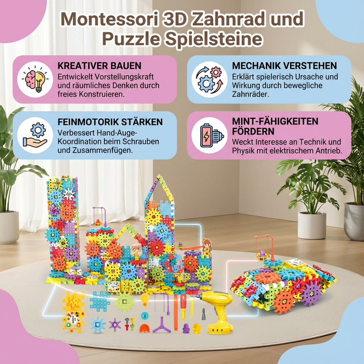 Montessori Puzzle Set mit Zahnrädern, 3D Lernspielzeug für Kinder. Trainiert Logik & Feinmotorik mit Bausteinen.
