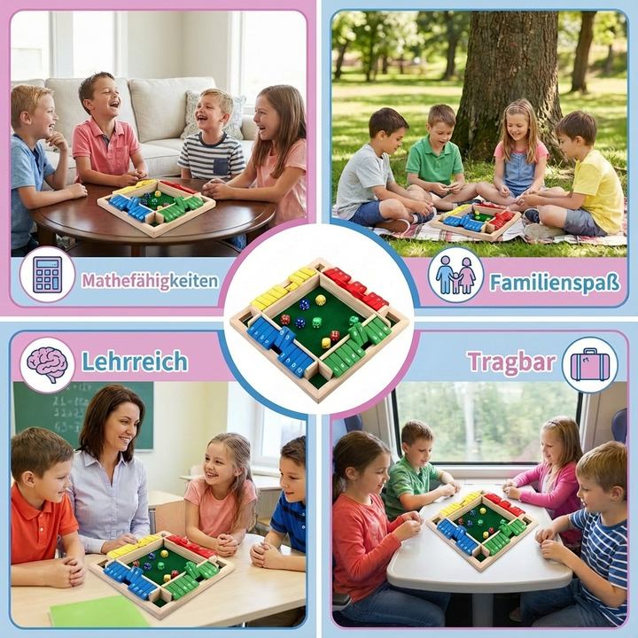 Familienspiel Klappenspiel aus hellem Holz, mit Würfeln; klassisches Gesellschaftsspiel für 4 Spieler.
