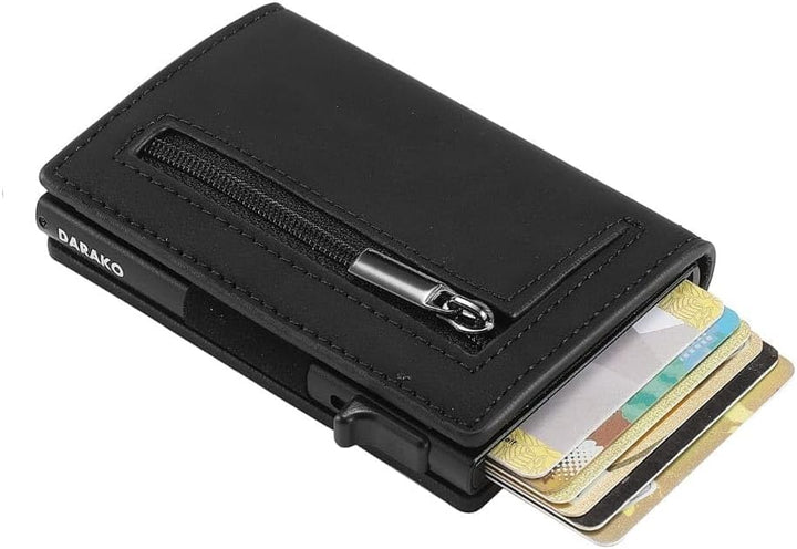 Kompakte, schwarze Unisex RFID-Schutz Slim Wallet Geldbörse aus Leder, vordere Ansicht.