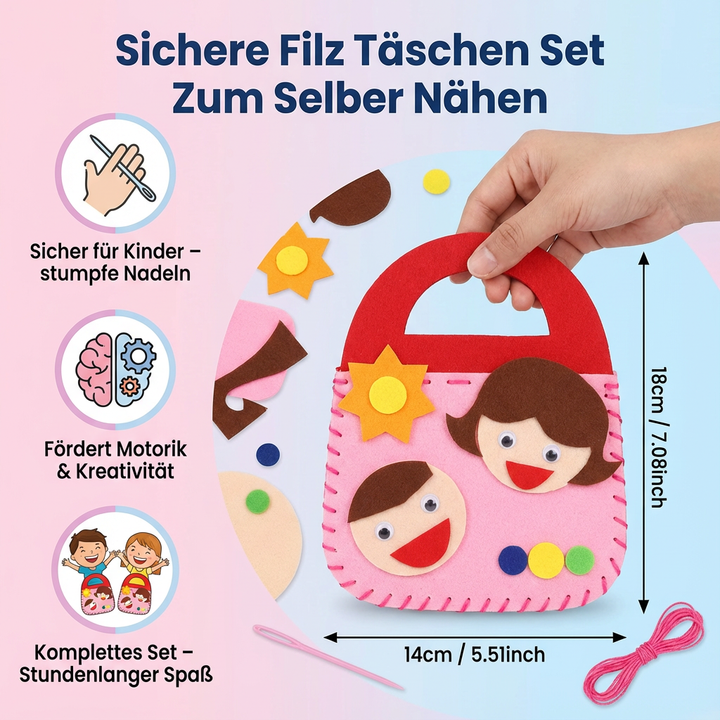 Kreatives Bastelset für Kinder: Filztaschen sicher selber nähen. Fördert Kreativität, Feinmotorik & Lernspielzeug.