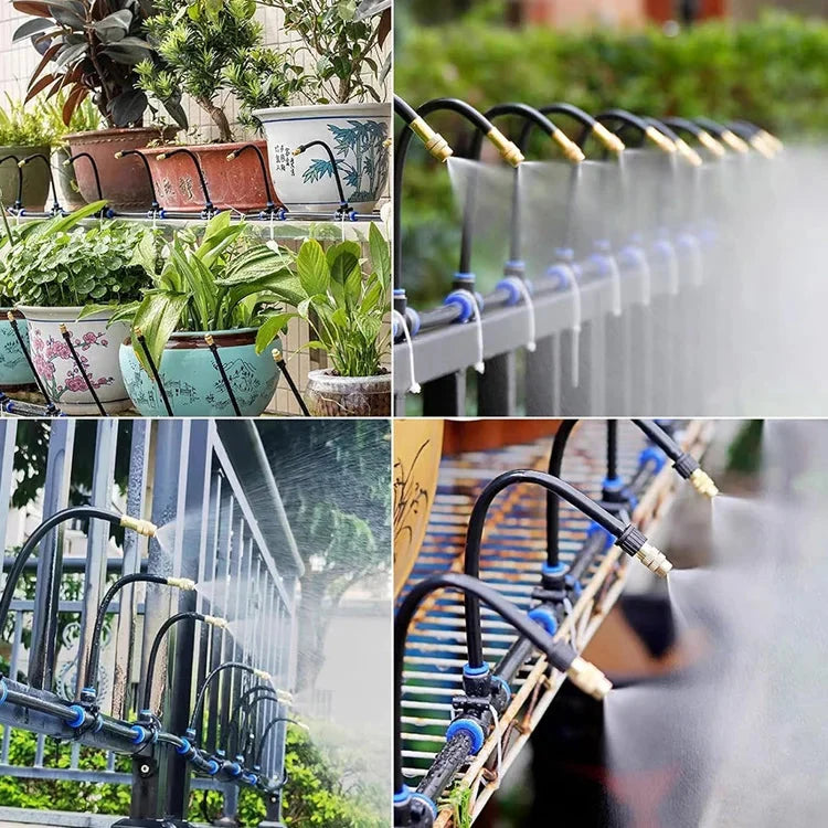 Familie genießt die erfrischende Terrassenkühlung durch das Garten Vernebelungssystem an einem heißen Sommertag.