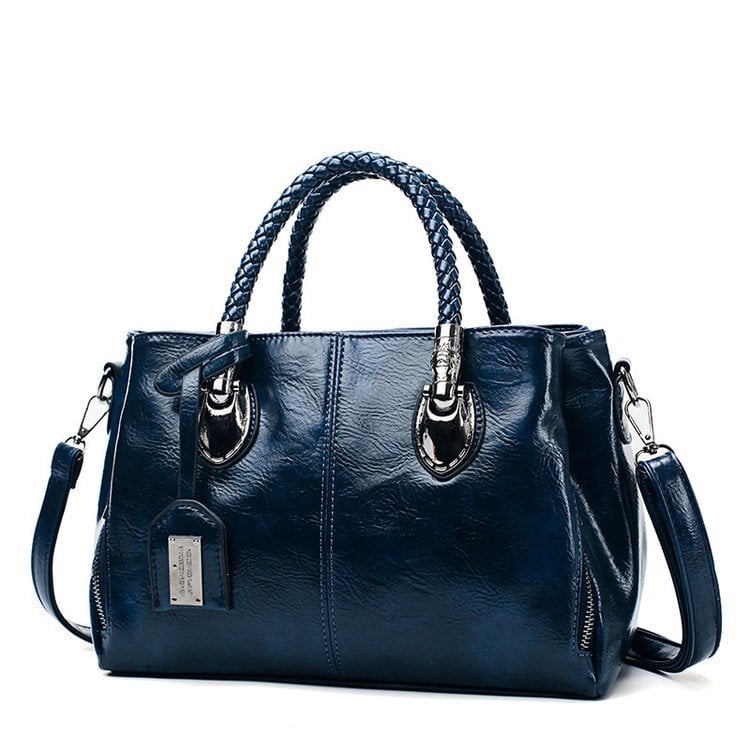 Blaue Damen Schultertasche, Rindsleder, große Tasche, Retro-Stil, bequem.