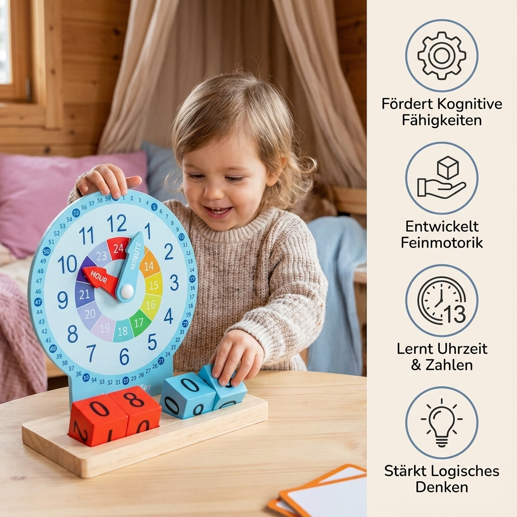Detailansicht der Montessori Lernuhr: farbige Zahlen, große Zeiger, klare Zeiteinteilung. Fördert kognitives Lernen.