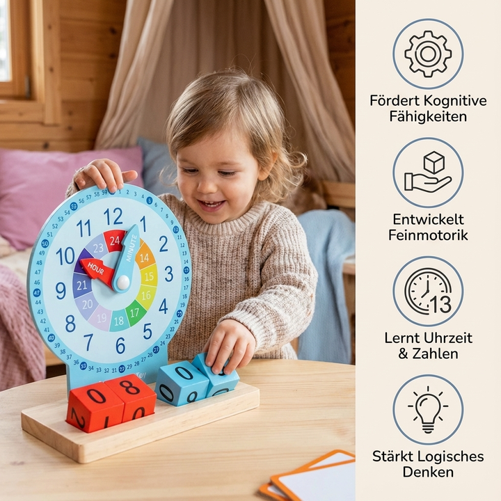Detailansicht der Montessori Lernuhr: farbige Zahlen, große Zeiger, klare Zeiteinteilung. Fördert kognitives Lernen.