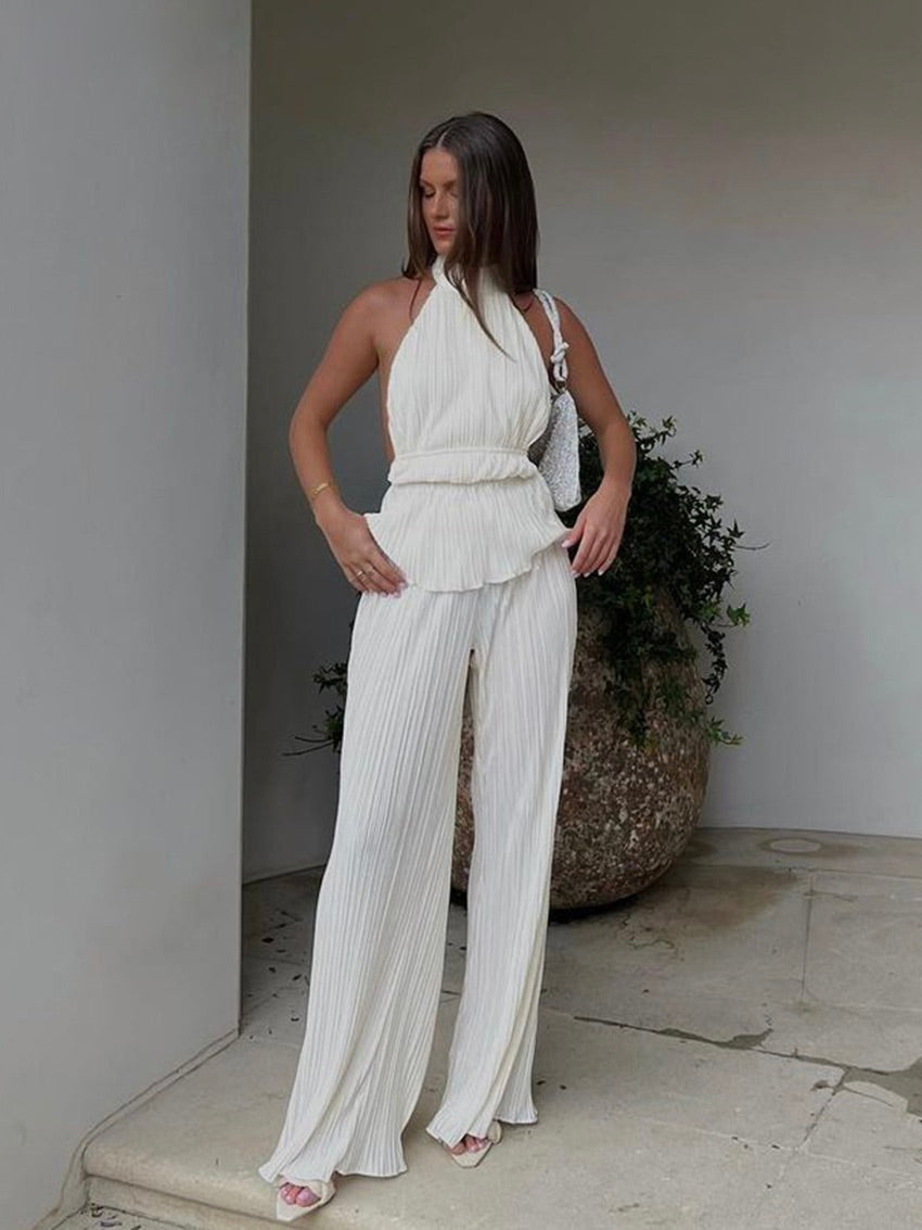 Chic Damen Sommer Lounge-Set: bequemer Zweiteiler mit Neckholder & weiter Hose, ideal für Alltag & Reise.
