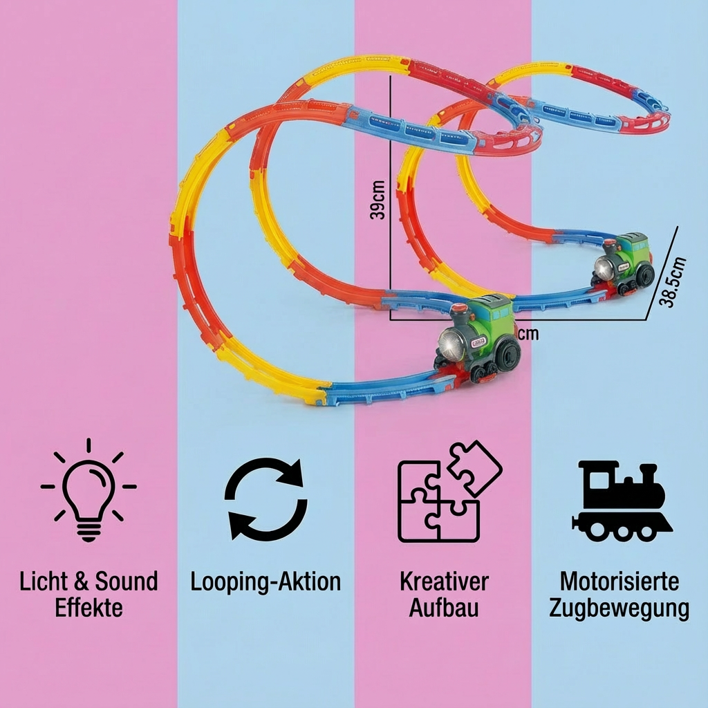 Aufregendes Zugspielzeug Achterbahn für Kinder. Interaktive Spielbahn, perfekte Geschenkidee.