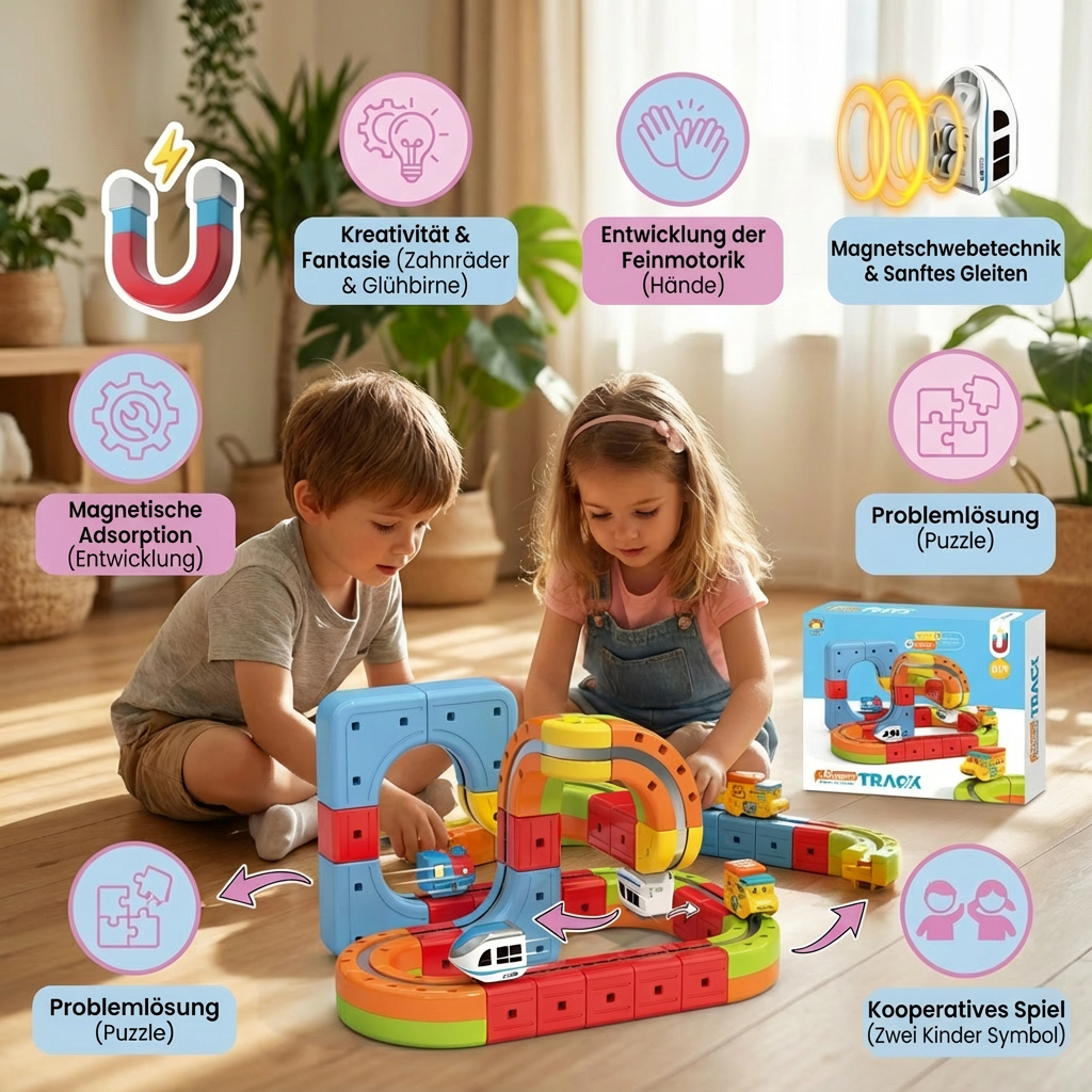 Lernspielzeug: Magnetische Würfel Schienenbahn fördert logisches Denken, Feinmotorik und Kreativität bei Kindern.
