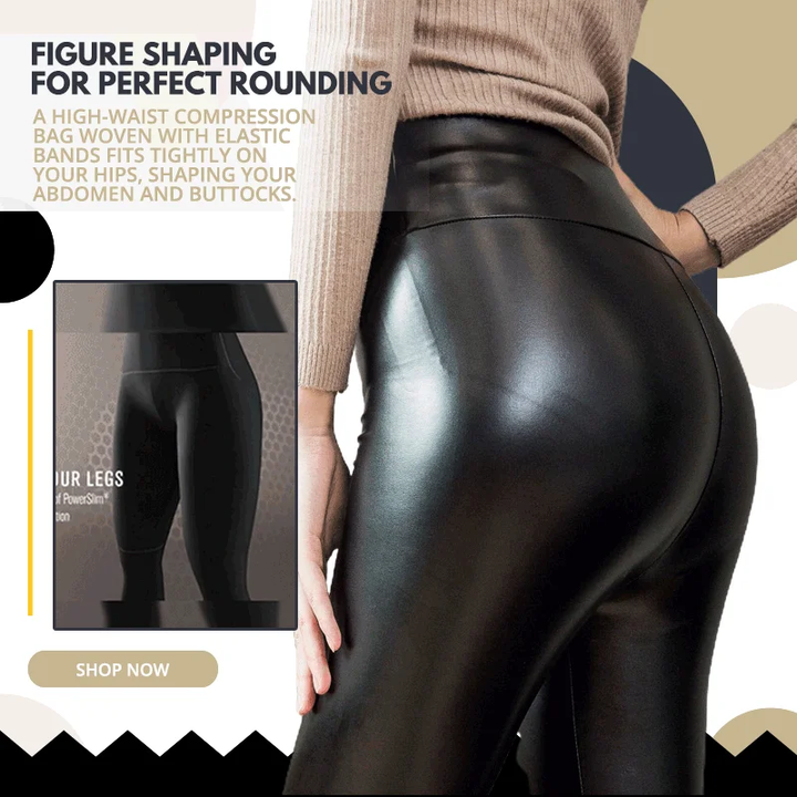 Warme, gefütterte Damen Winterleggings in Schwarz, hoher Bund, bequem & formgebend für stylischen Lederlook.