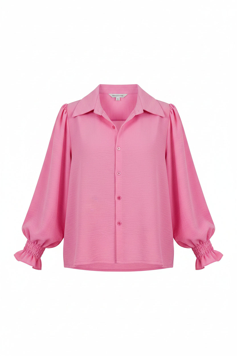 Elegante rosa Damenbluse mit stilvollen Ballonärmeln. Vielseitiges Oberteil für Business Casual und Freizeit.