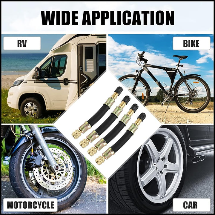 Set von AutoExtend universellen Reifenventilverlängerungen für Auto, Motorrad und Fahrrad. Autozubehör.