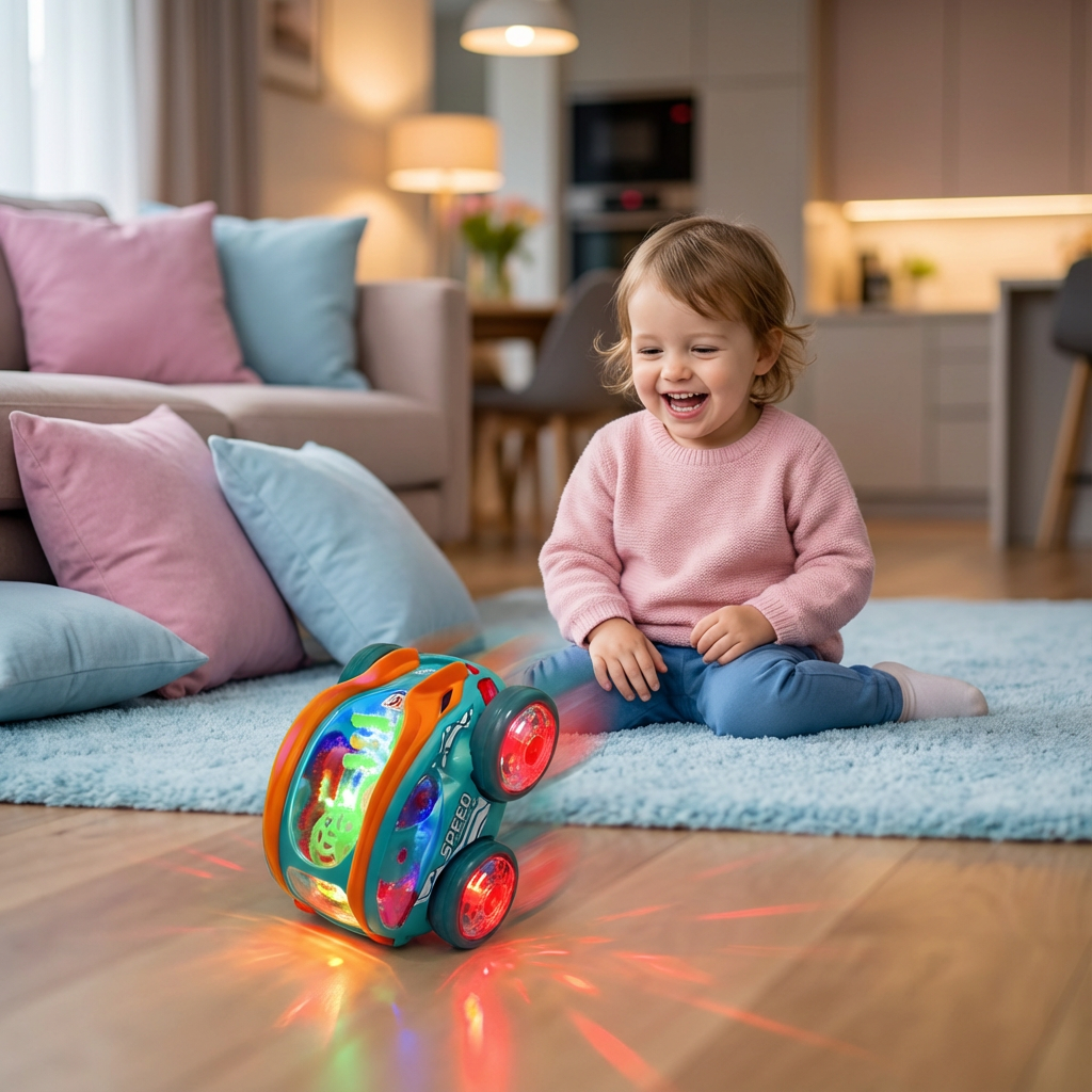 Leuchtendes Purzelbaum Auto elektrisch für Kinder, mit Lichteffekten und interaktivem Spielspaß.