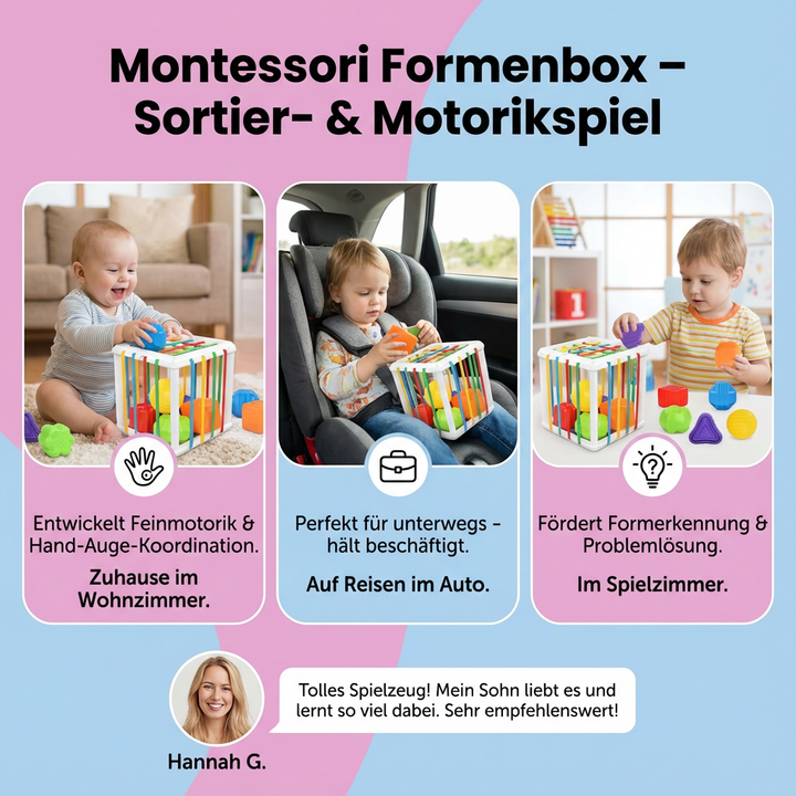 Lernspielzeug für Kleinkinder: Montessori Formenbox aus Naturholz unterstützt pädagogisches & sicheres Spielen.