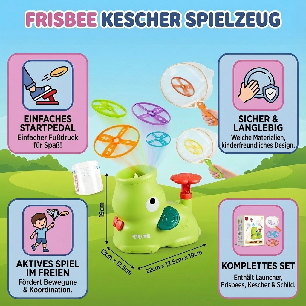 Farbintensives Kinderspielzeug mit Frisbee und Kescher zur Schulung von Motorik und Hand-Auge-Koordination.