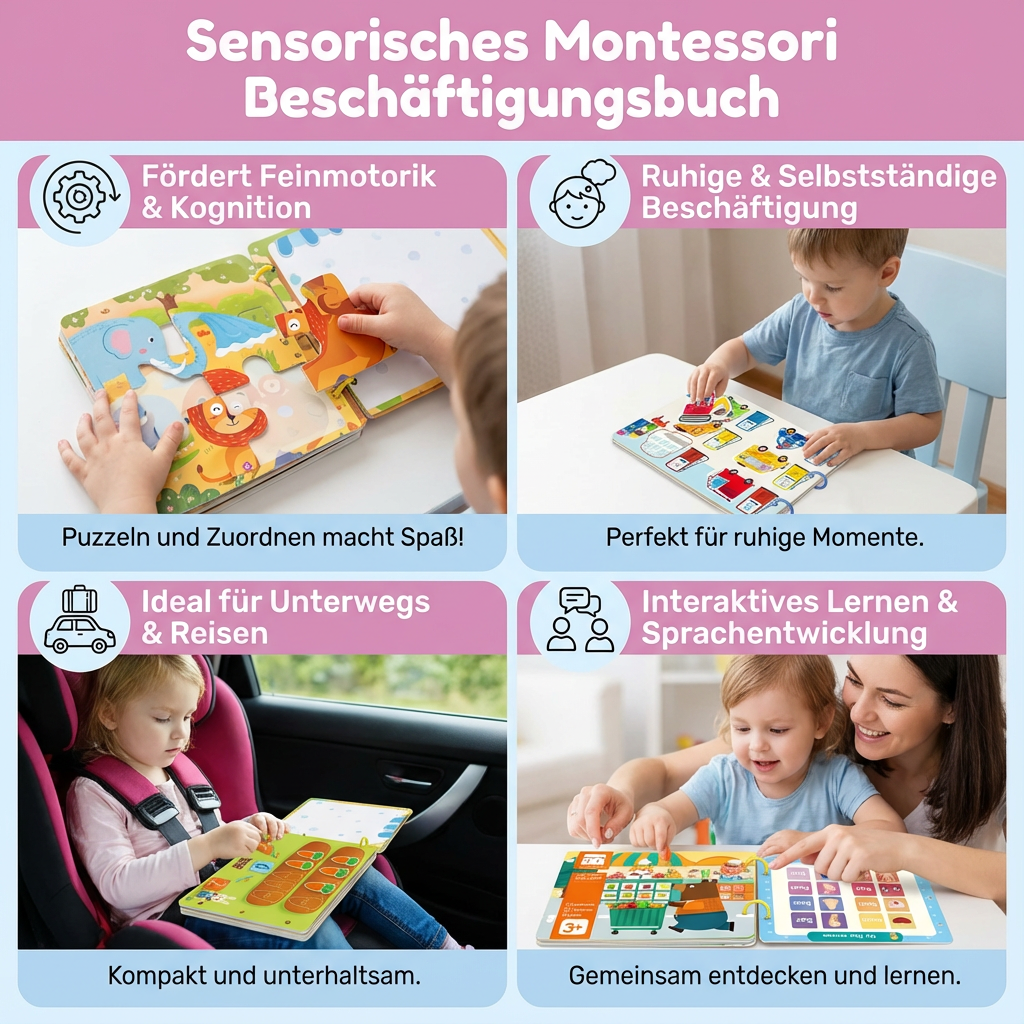 Glückliches Kleinkind spielt konzentriert mit interaktivem Sensorischen Montessori Beschäftigungsbuch für Babys.