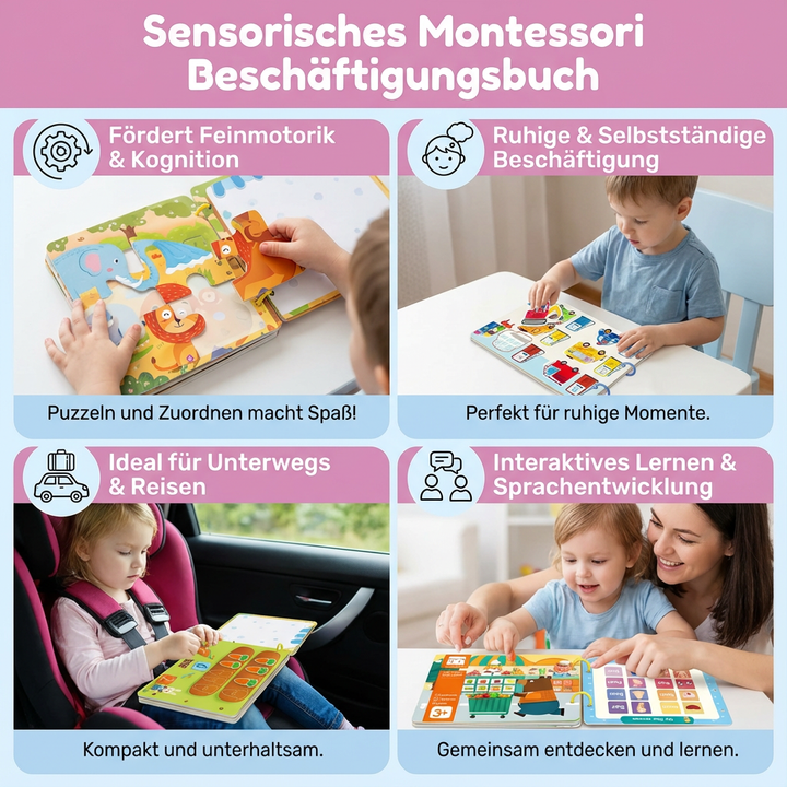 Glückliches Kleinkind spielt konzentriert mit interaktivem Sensorischen Montessori Beschäftigungsbuch für Babys.
