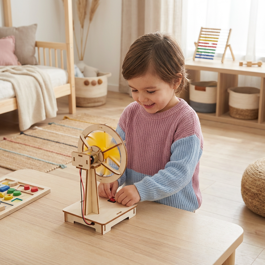 Kind baut ein Modell mit dem Technik-Baukasten, fördert STEM-Fähigkeiten und Neugier.