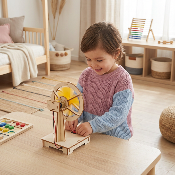 Kind baut ein Modell mit dem Technik-Baukasten, fördert STEM-Fähigkeiten und Neugier.