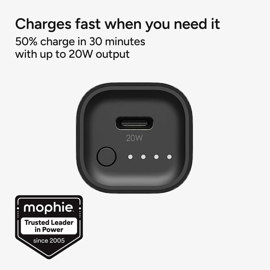 Ultrakompakte 5000 mAh Powerbank in Schwarz, schnelles 20W USB-C Laden für Smartphones & Tablets mobil.