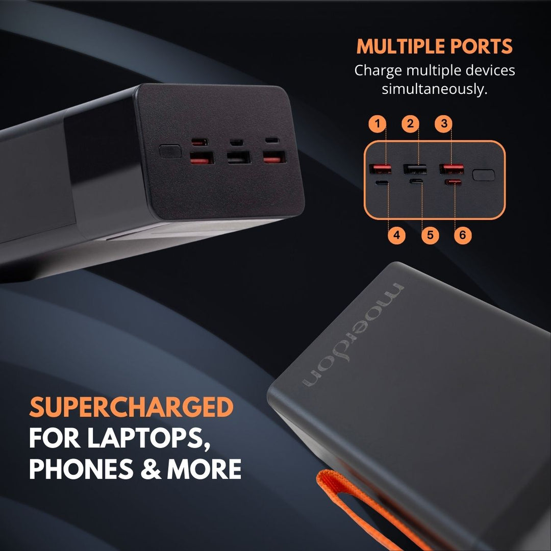 Schnelllade-Powerbank (100W PD) mit 40.000 mAh Kapazität; lädt Laptops, Tablets & Smartphones unterwegs.