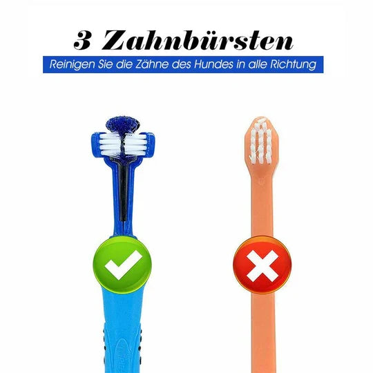 Tierpflege: Ergonomische 3-Kopf-Hundezahnbürste für optimale Maulhygiene und effektive Plaqueentfernung.
