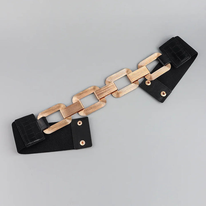 Modischer Damen Taillengürtel, schwarzer Gürtel mit eleganter Kette. Ein vielseitiges Mode-Accessoire.