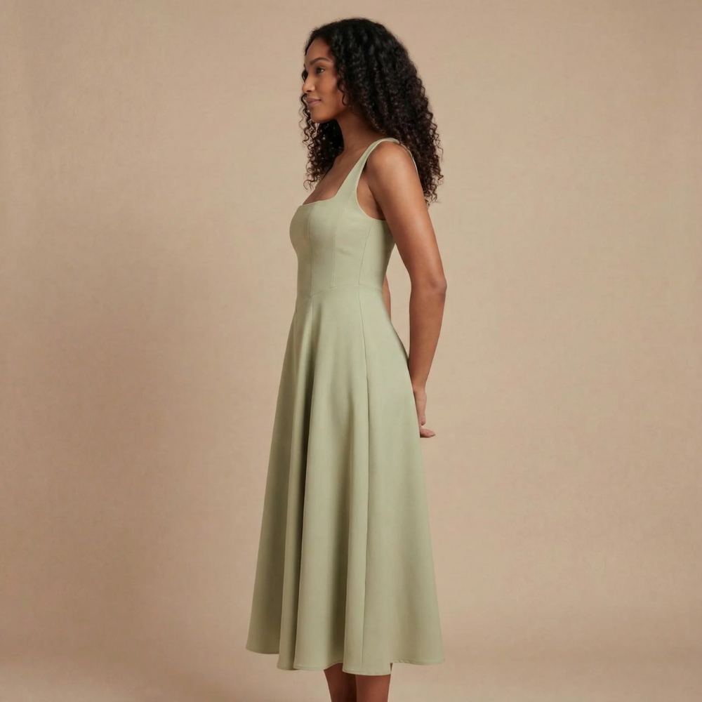 Elegantes grünes Damen Midikleid mit Karree-Ausschnitt, ärmellos. Perfekt als Hochzeitsgastkleid oder Abendkleid.