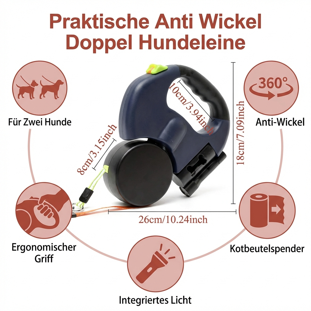 Komfortable Doppel-Hundeleine für stressfreies Gassi gehen mit zwei Hunden; einfache Handhabung.