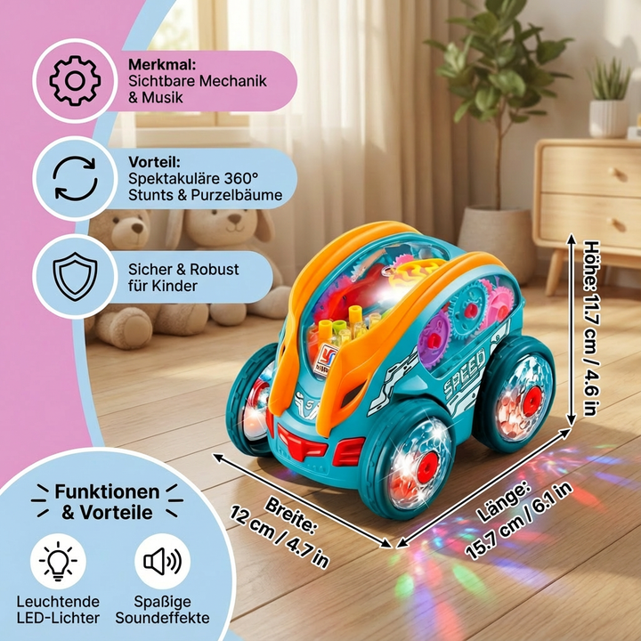 Buntes, interaktives Kinder Purzelbaum Spielzeugauto mit leuchtenden LED-Lichtern und elektrischem Antrieb.