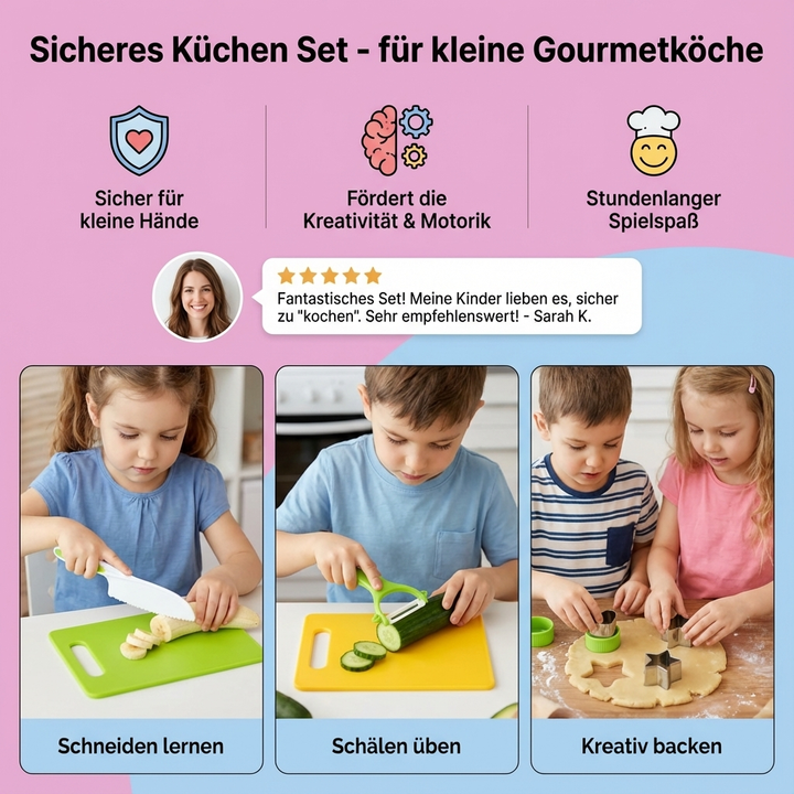 Lernspielzeug Küchen-Set für Kinder: Fördert Feinmotorik, Kreativität und gesunde Ernährung durch spielerisches Kochen.