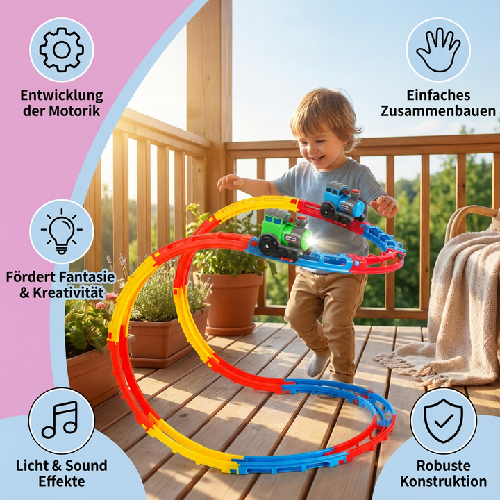 Bunte Achterbahn Spielbahn für Züge. Actiongeladenes Kinderspielzeug für spannende rasante Fahrten.