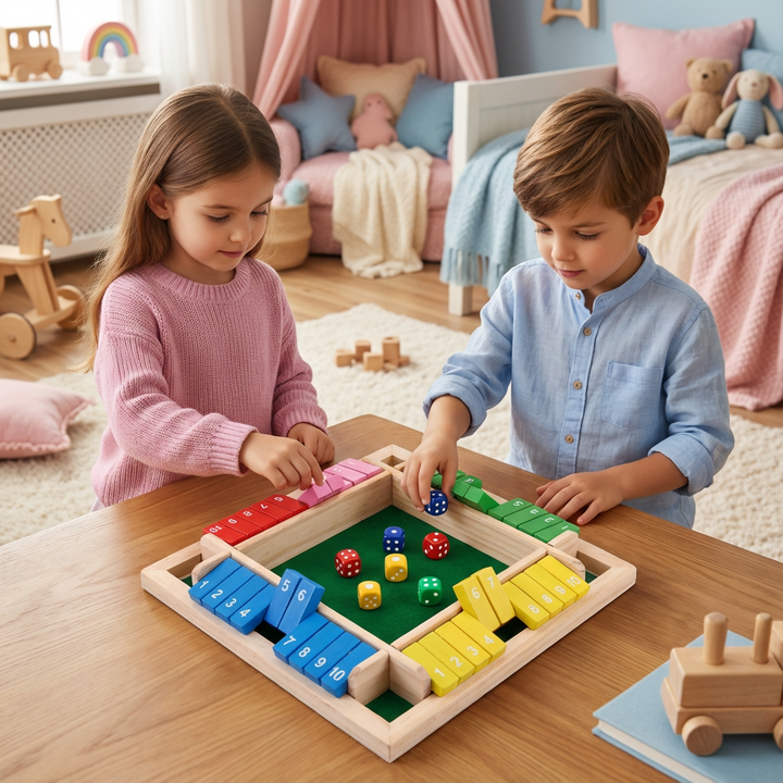 Holz Klappenspiel für die ganze Familie; Würfelspiel für 4 Spieler, fördert spielerisch Zahlenverständnis.