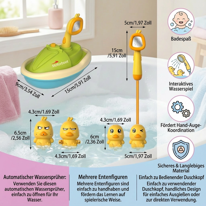 Nahaufnahme der Entenfontäne Badespielzeug mit Duschkopf. Ideal als lustiges Wasserspielzeug für Kinder & Babys.