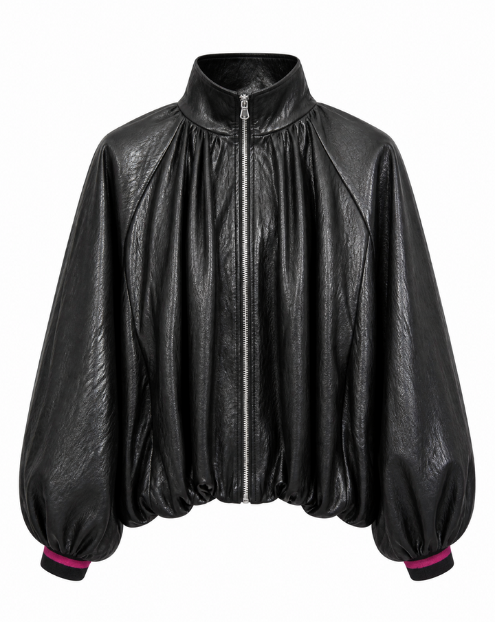Modische Damen Oversized-Jacke mit Stehkragen & Ballonärmeln. Eine moderne Freizeit- & Übergangsjacke im Streetwear-Stil.