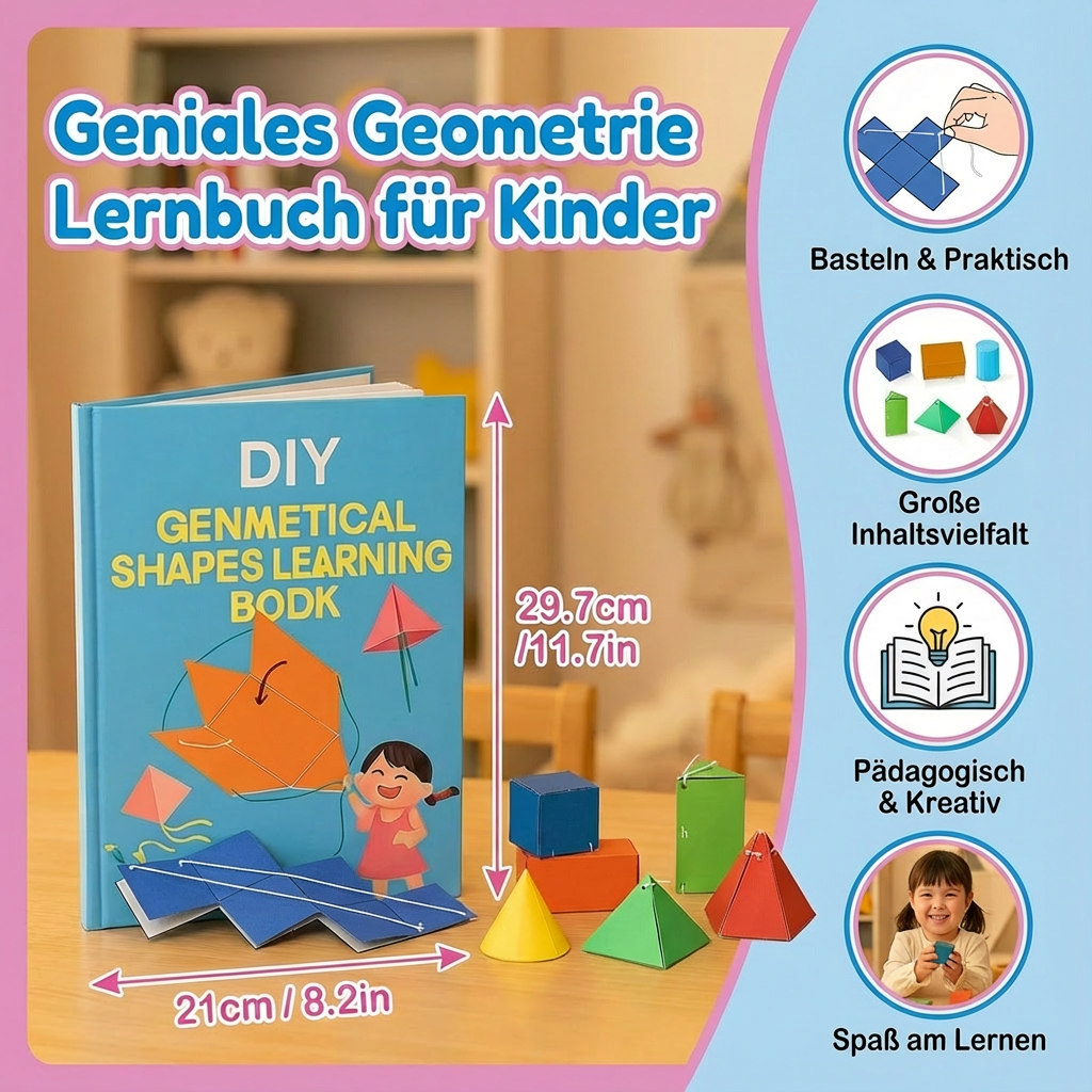 Geometrie-Lernbuch für Kinder mit passenden Lernspielzeugen zum spielerischen Entdecken von Formen und Mathematik.