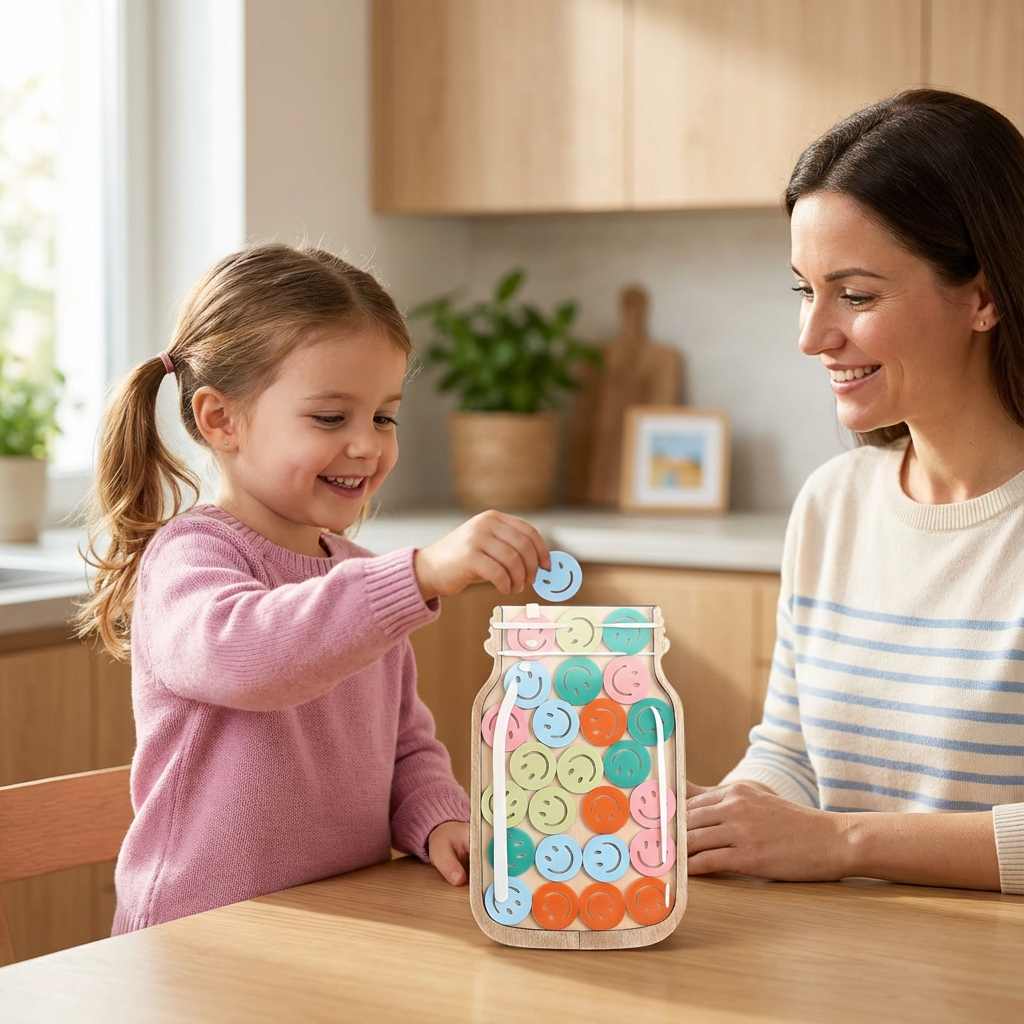 Kinder Belohnungsglas mit bunten Sternen, ideal für positive Erziehung & Motivation.