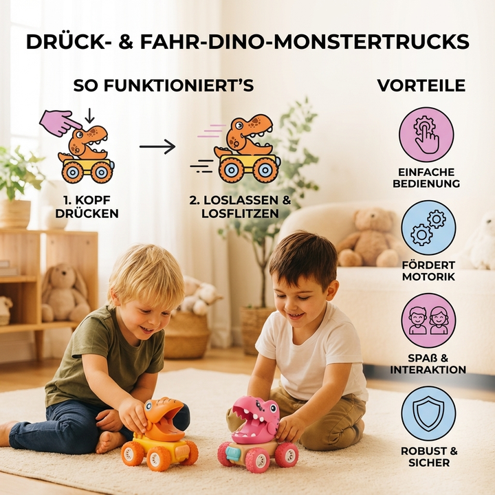 Set von bunten Dino Monstertrucks für Kinder. Robustes Fahrzeug-Spielzeug mit Dinosaurier-Design.