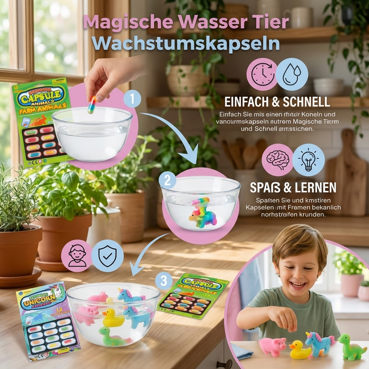 Experimentierkasten: Magische Tier Kapseln für Kinder. Entdecke Wachstum im Wasser, ein tolles Kinderspiel.
