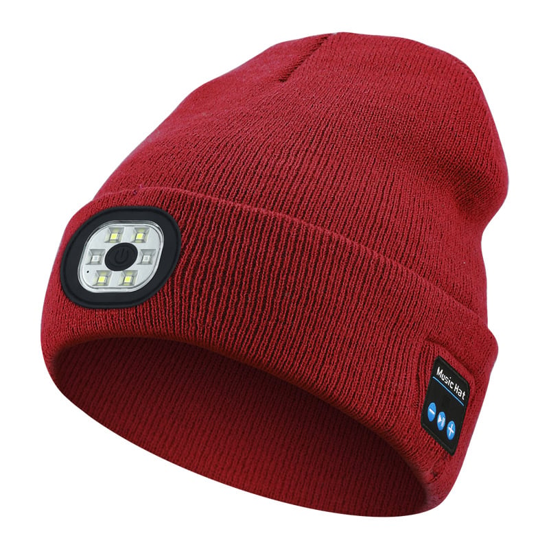 Atmungsaktive Bluetooth Mütze mit LED-Licht & Lautsprechern, ideal für Wintersport & abendliche Läufe.