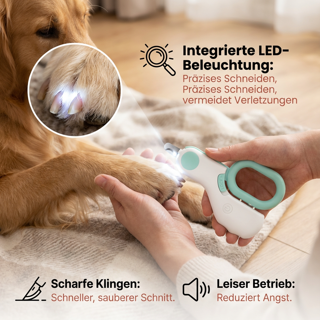 Haustier-Krallenschere mit hellem LED-Licht für präzise & sichere Nagelpflege, vermeidet Über- oder Unterschneiden.