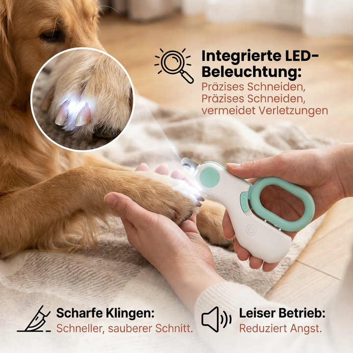Haustier-Krallenschere mit hellem LED-Licht für präzise & sichere Nagelpflege, vermeidet Über- oder Unterschneiden.