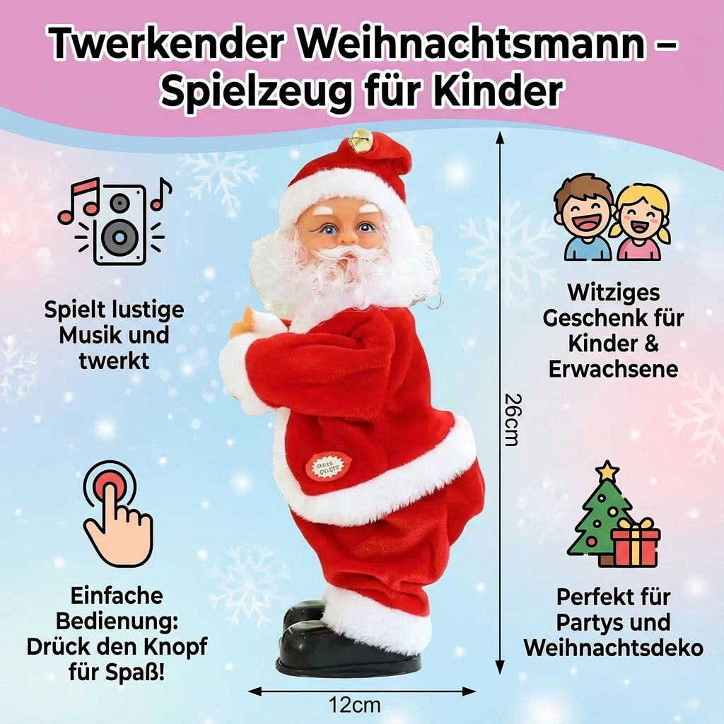 Detaillierter Twerk-Weihnachtsmann, lustige Weihnachtsfigur tanzend mit Musik, perfekte Geschenkidee zu Weihnachten.