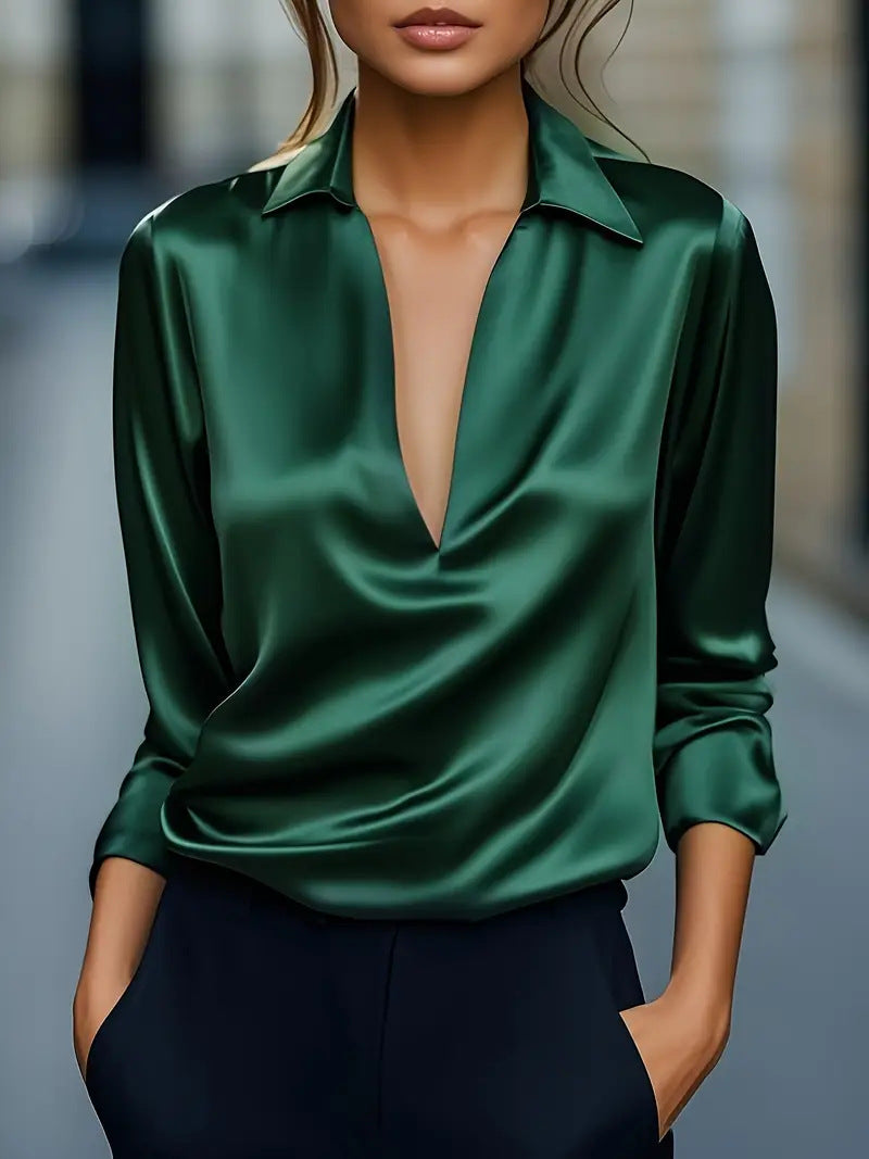 Damen Top in edler Satin-Optik mit V-Ausschnitt und langen Ärmeln. Zeitlose Eleganz für jede Frau.