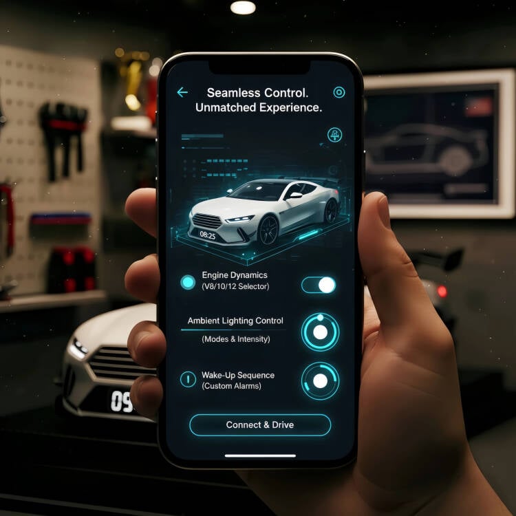 Stylischer Sportwagen Wecker für Zimmerdeko. Digitalanzeige, Motorensound & Flammen-Lichteffekt. Ideal für Schlafzimmer.