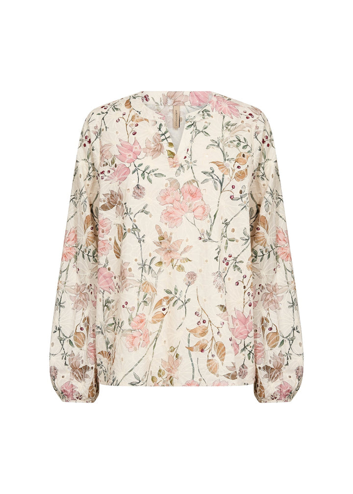 Elegante Damenbluse mit V-Ausschnitt und Blumenmuster, ideal für stilvolle Frühlingsoutfits und Damenmode.