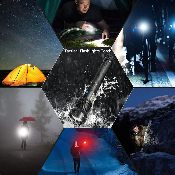 Kräftige wiederaufladbare LED Taschenlampe mit 70.000 Lumen für Camping, Handwerkzeuge & Notfall. Robust & wasserdicht.