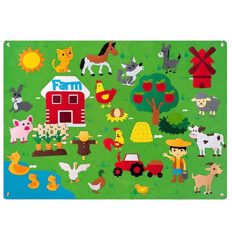 Hochwertige Filzfiguren des Montessori Spielsets: Tiere, Pflanzen & Elemente zum Stecken.