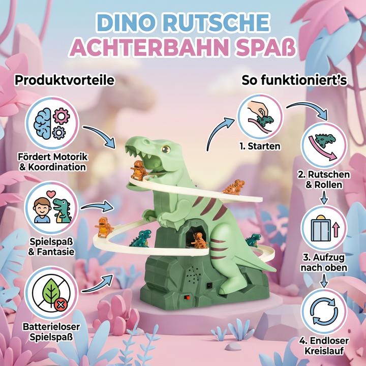 Kind fährt auf der elektrischen Dino Rutsche Achterbahn. Spannendes Spielgerät für Indoor- & Outdoor-Abenteuer.